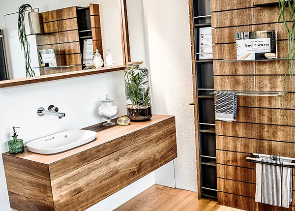 Badezimmer, Holz Möbel, Aufsatz Lavabo, Spiegelschrank, Dusche