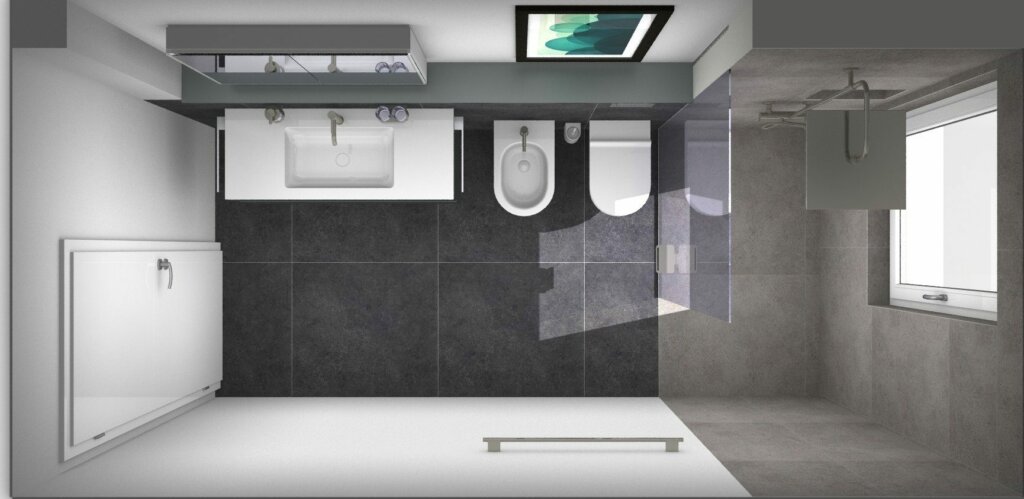 3D-Planung eines Badezimmers in der Draufsicht mit Lavabo, WC, Bidet und bodenebener Dusche